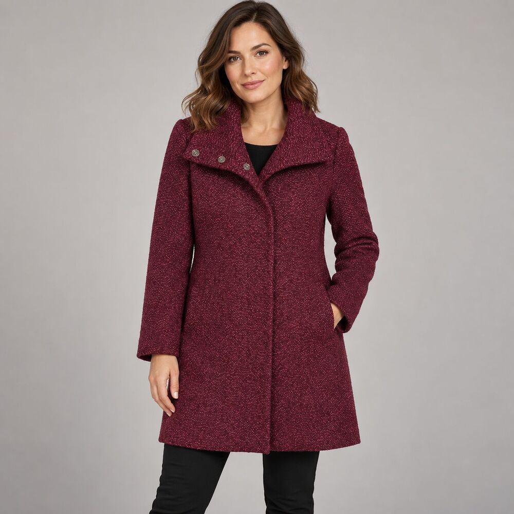 Merona Wool Blend Coat Womens Medium Burgundy Tweed Funnel Neck Snap Front Lined